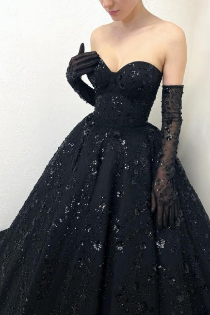 Gorgeous Long Black A-line Sweetheart Lace Laced-up Evening Gown - Fashionpara