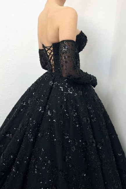 Gorgeous Long Black A-line Sweetheart Lace Laced-up Evening Gown - Fashionpara