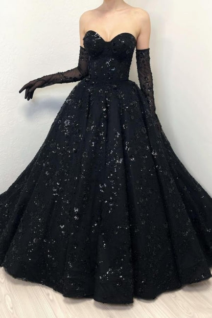 Gorgeous Long Black A-line Sweetheart Lace Laced-up Evening Gown - Fashionpara