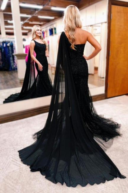 Gorgeous Long Black One Shoulder Mermaid Glitter Prom Dress with Lace Accents - Fashionpara