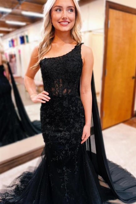 Gorgeous Long Black One Shoulder Mermaid Glitter Prom Dress with Lace Accents - Fashionpara