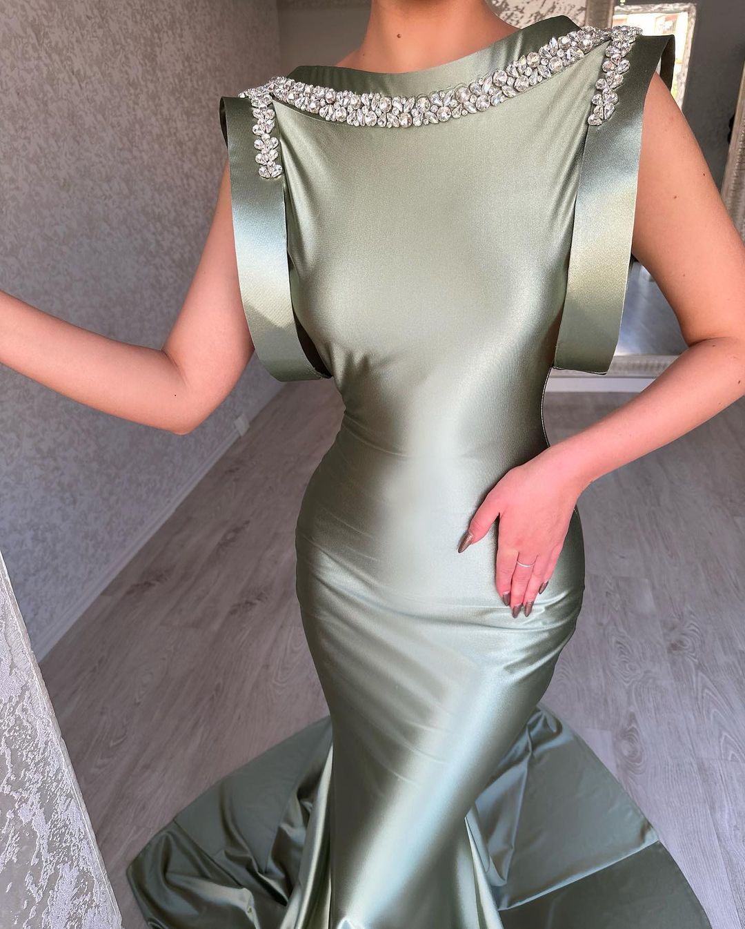 Gorgeous Long Dusty Sage Mermaid Dress Sleeveless Satin With Rhinestone Embellishments - Fashionpara