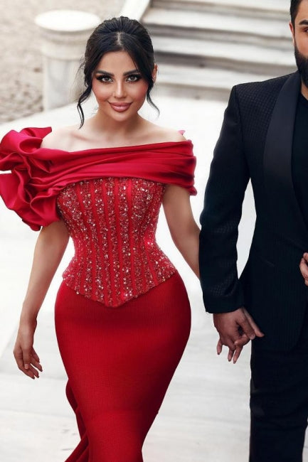 Gorgeous Long Red Mermaid Off-the-shoulder Sequined Beaded Prom Dress with Lace - Fashionpara