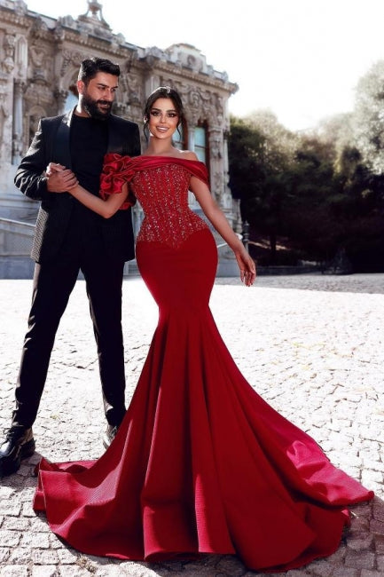 Gorgeous Long Red Mermaid Off-the-shoulder Sequined Beaded Prom Dress with Lace - Fashionpara