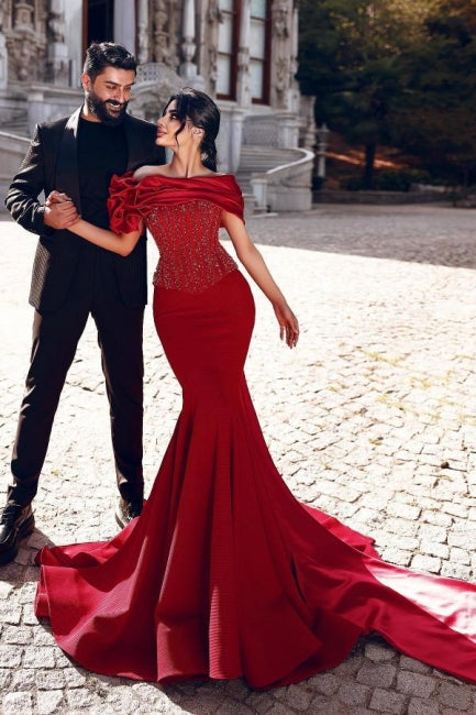 Gorgeous Long Red Mermaid Off-the-shoulder Sequined Beaded Prom Dress with Lace - Fashionpara