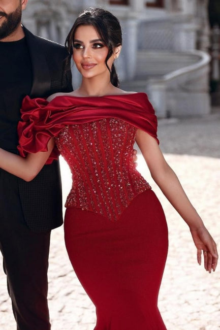 Gorgeous Long Red Mermaid Off-the-shoulder Sequined Beaded Prom Dress with Lace - Fashionpara