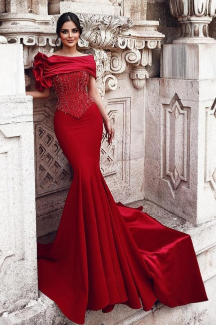 Gorgeous Long Red Mermaid Off-the-shoulder Sequined Beaded Prom Dress with Lace - Fashionpara