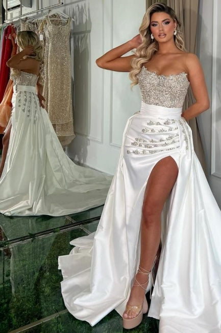 Gorgeous Long White A-line Strapless Jewel Prom Dress with Elegant Slit