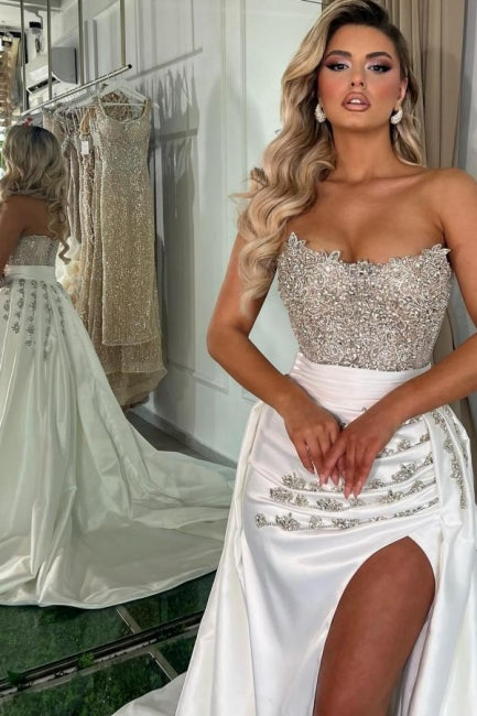 Gorgeous Long White A-line Strapless Jewel Prom Dress with Elegant Slit