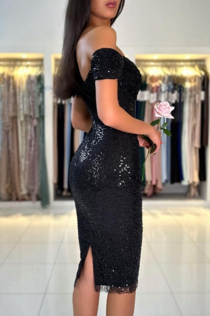 Gorgeous Short Black Off-the-shoulder Glitter Cocktail Dress - Fashionpara