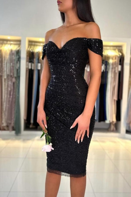 Gorgeous Short Black Off-the-shoulder Glitter Cocktail Dress - Fashionpara