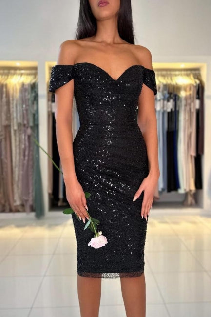 Gorgeous Short Black Off-the-shoulder Glitter Cocktail Dress - Fashionpara