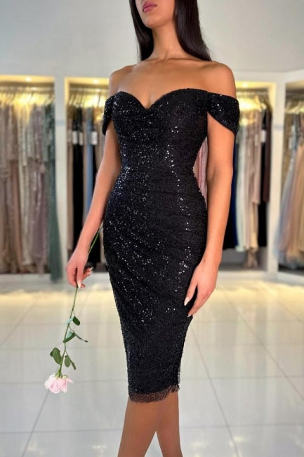 Gorgeous Short Black Off-the-shoulder Glitter Cocktail Dress - Fashionpara