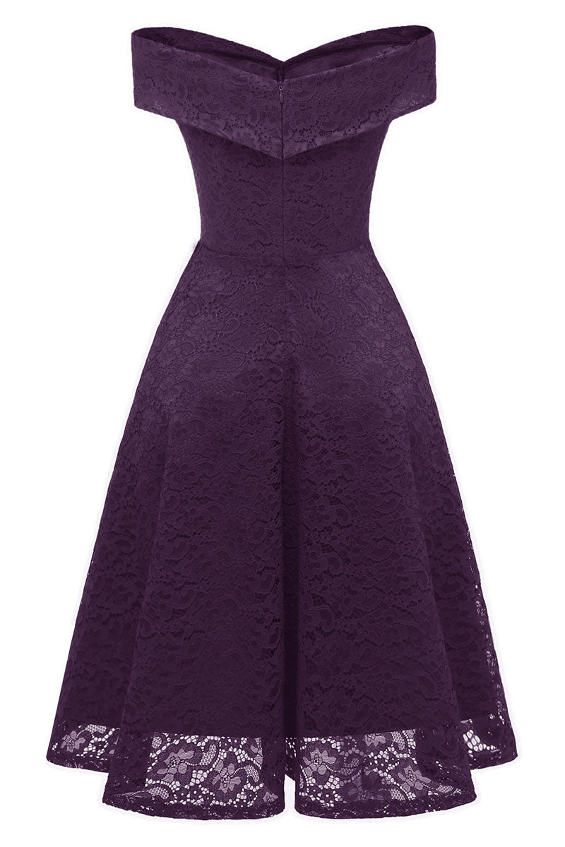 Purple Off-the-shoulder Lace Midi Prom Dress