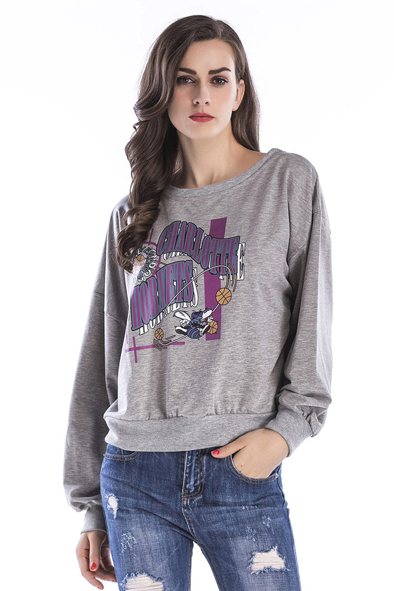 Gray Cartoon Print Pullover Sweatshirt - Mislish