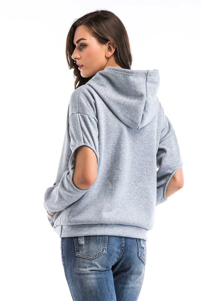 Gray Cut Out Sleeve Drawstring Sweatshirt