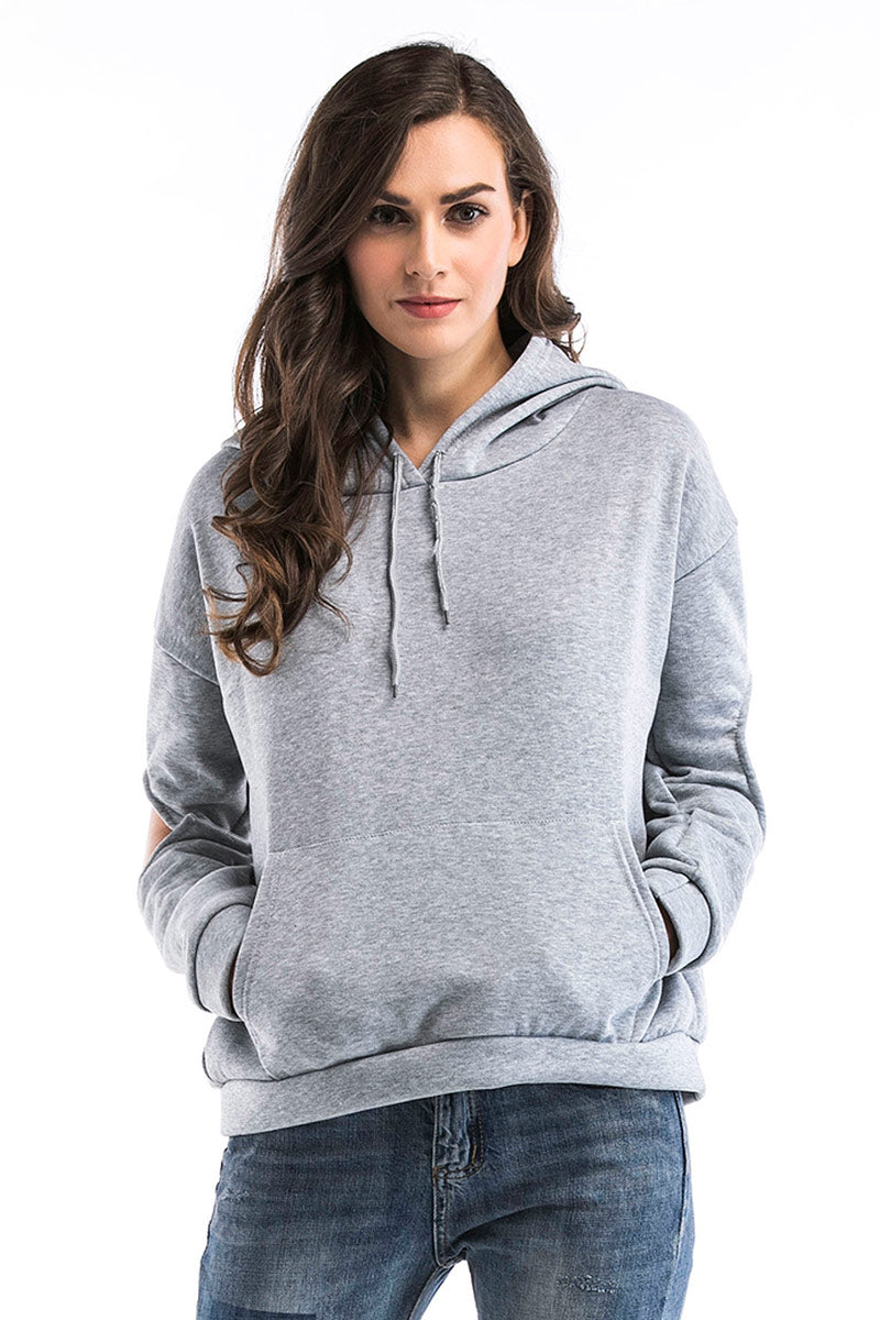 Gray Cut Out Sleeve Drawstring Sweatshirt - Mislish