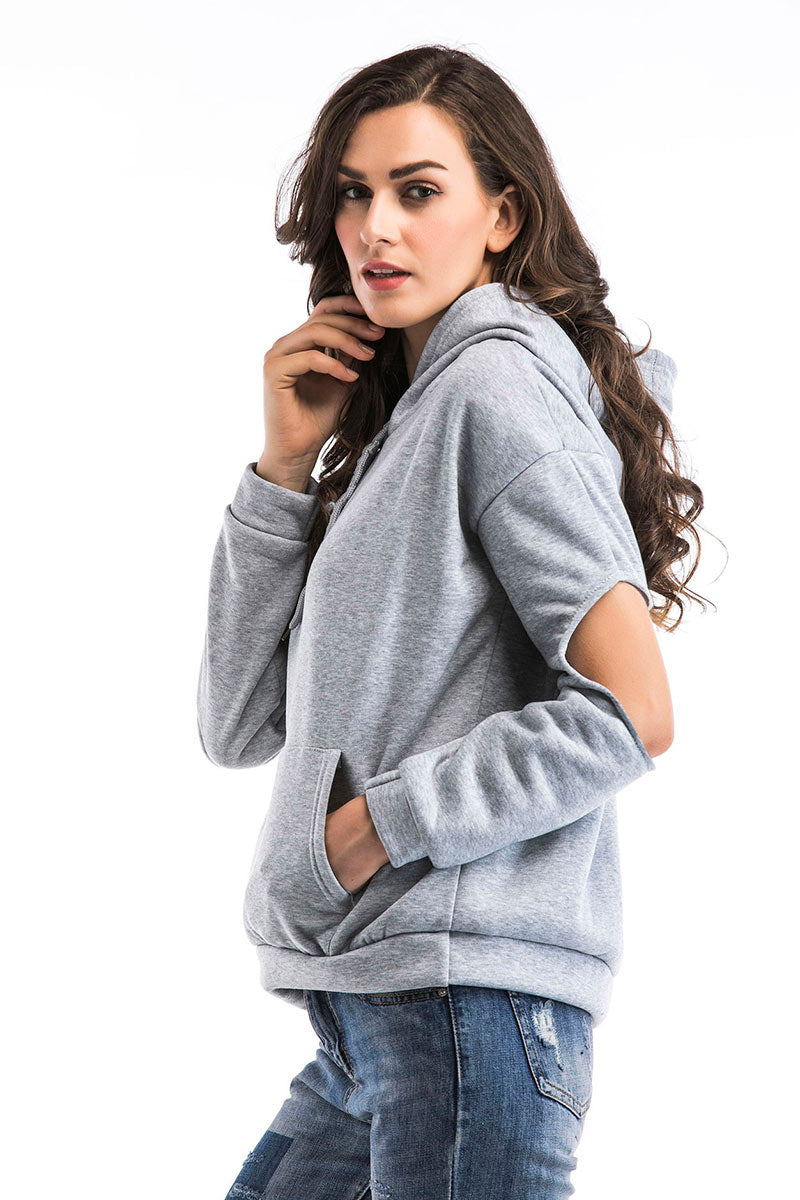 Gray Cut Out Sleeve Drawstring Sweatshirt