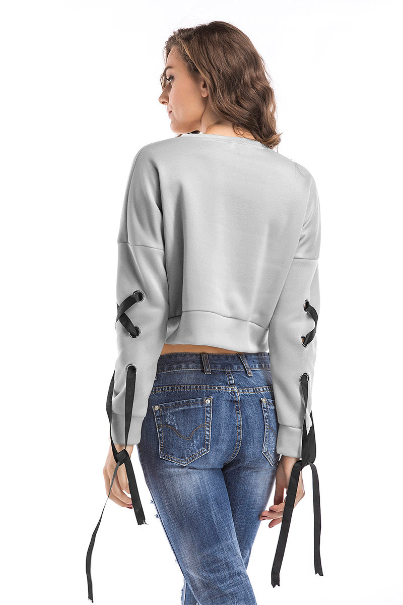 Gray Lace-up Long Sleeve Crop Sweatshirt