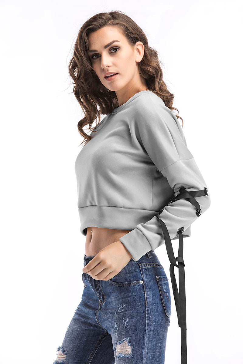 Gray Lace-up Long Sleeve Crop Sweatshirt