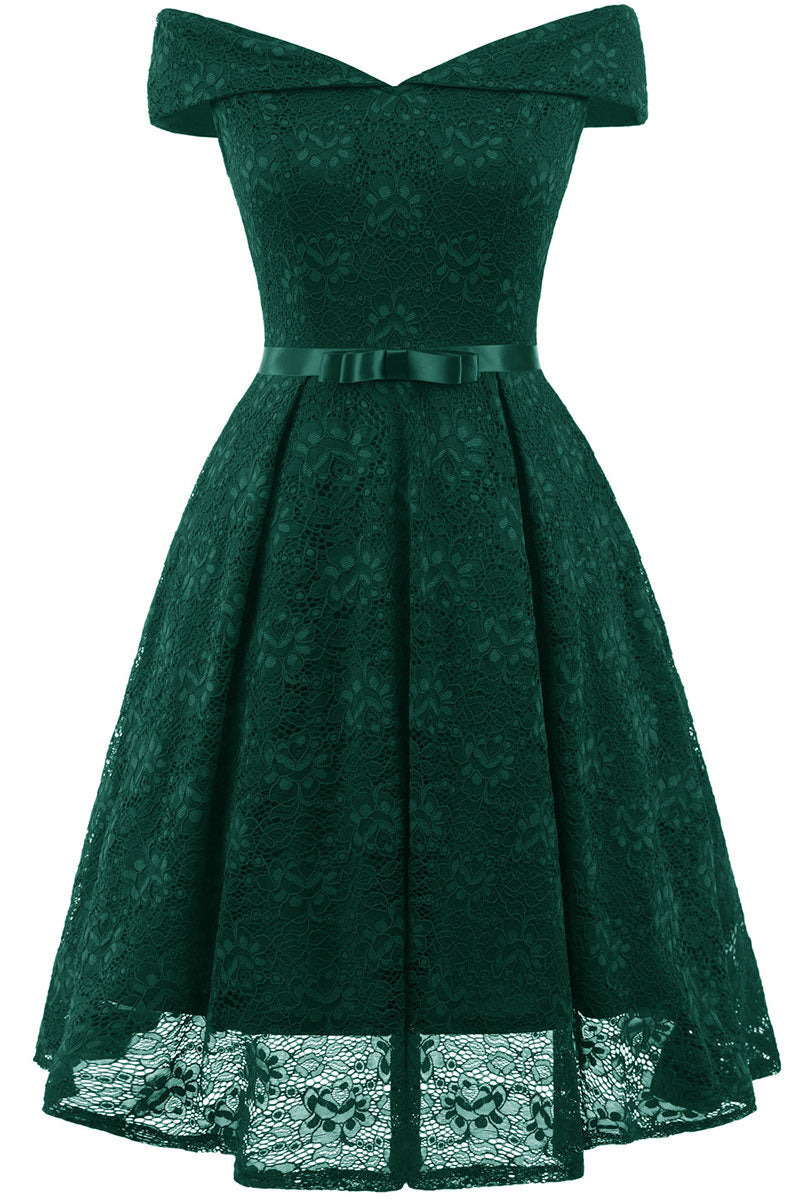 Green Lace Off-the-shoulder Princess Prom Dress