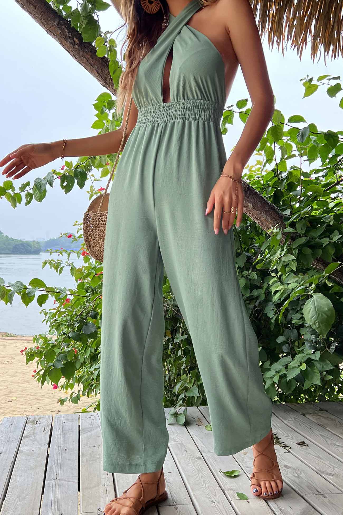 Green Tie-back Cutout High Waist Jumpsuits