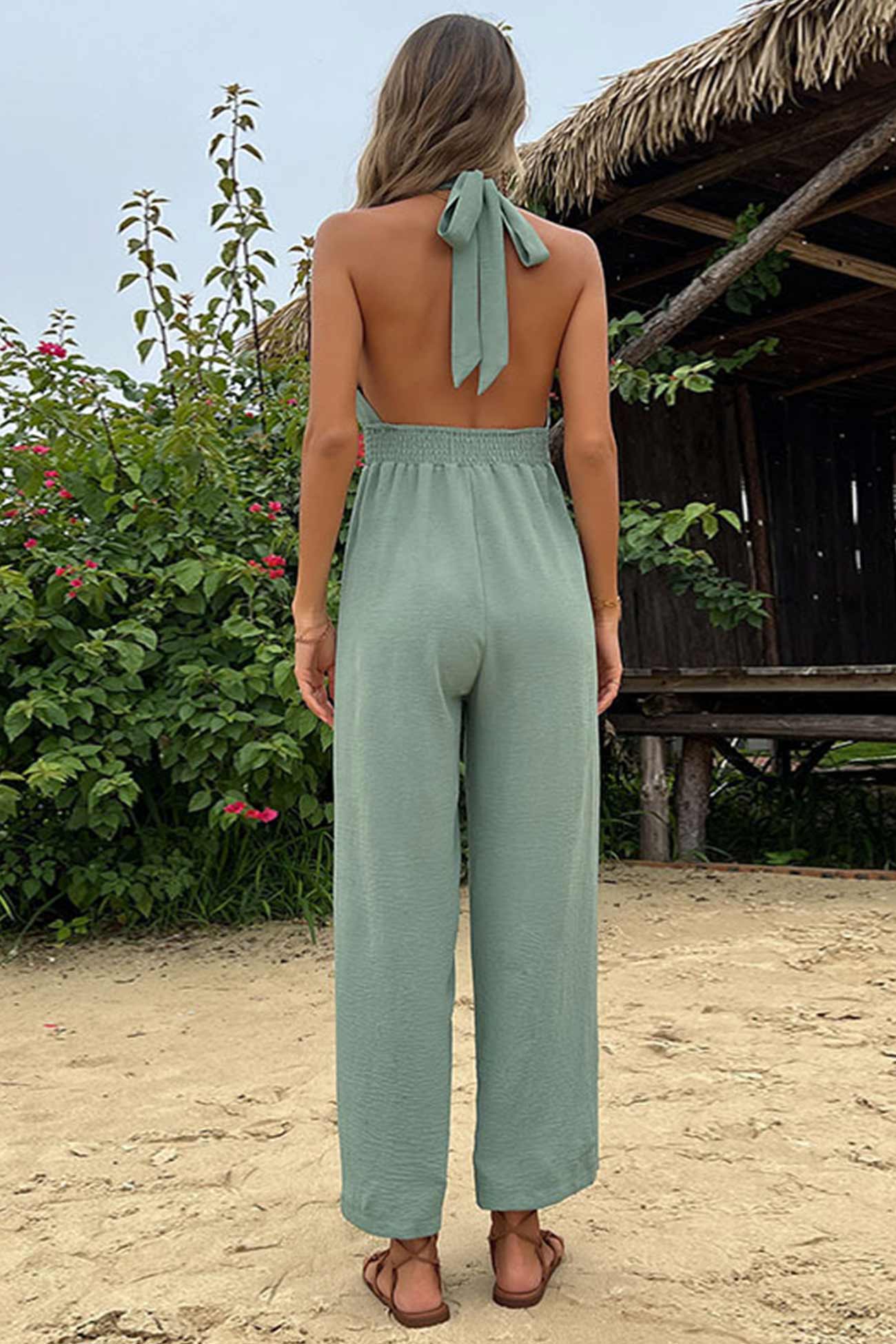 Green Tie-back Cutout High Waist Jumpsuits