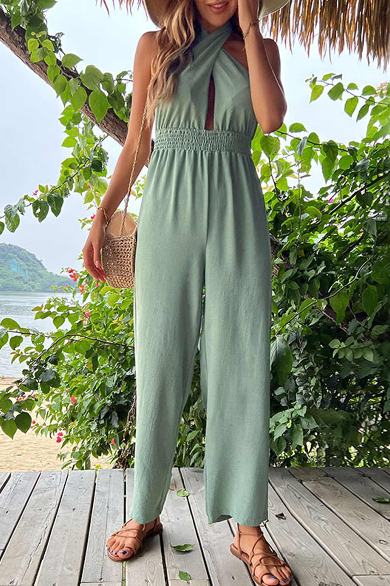 Green Tie-back Cutout High Waist Jumpsuits