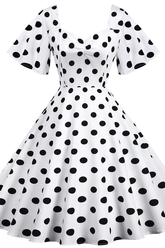 Green And White Short Sleeve Polka Dot Dress 