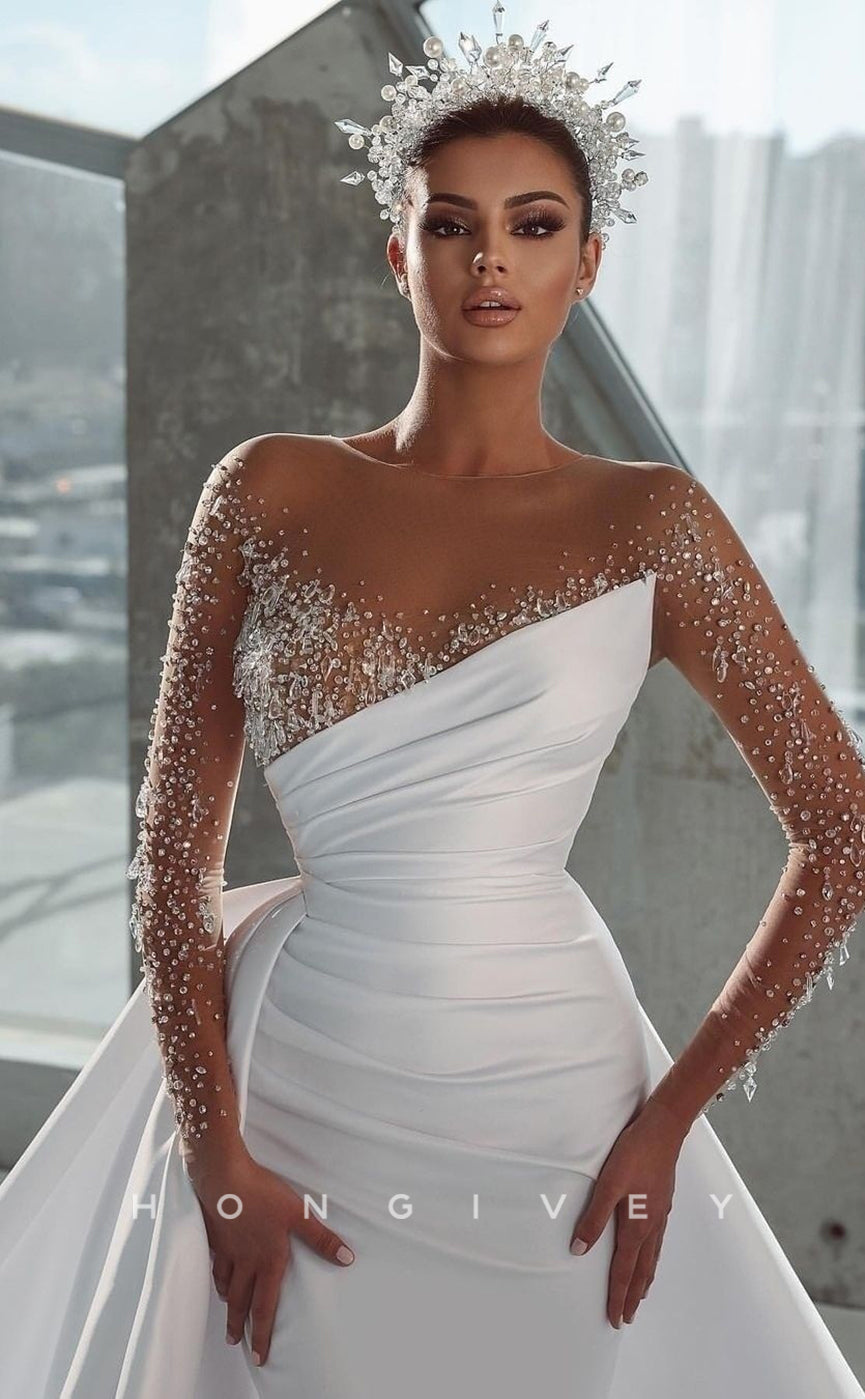 H0816 - Illusion Cutout Rhinestone Beaded Sparkly With Train Wedding Dress - Fashionpara