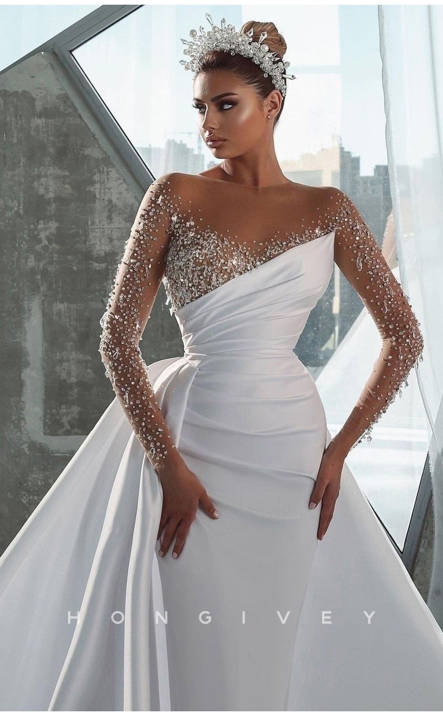 H0816 - Illusion Cutout Rhinestone Beaded Sparkly With Train Wedding Dress - Fashionpara