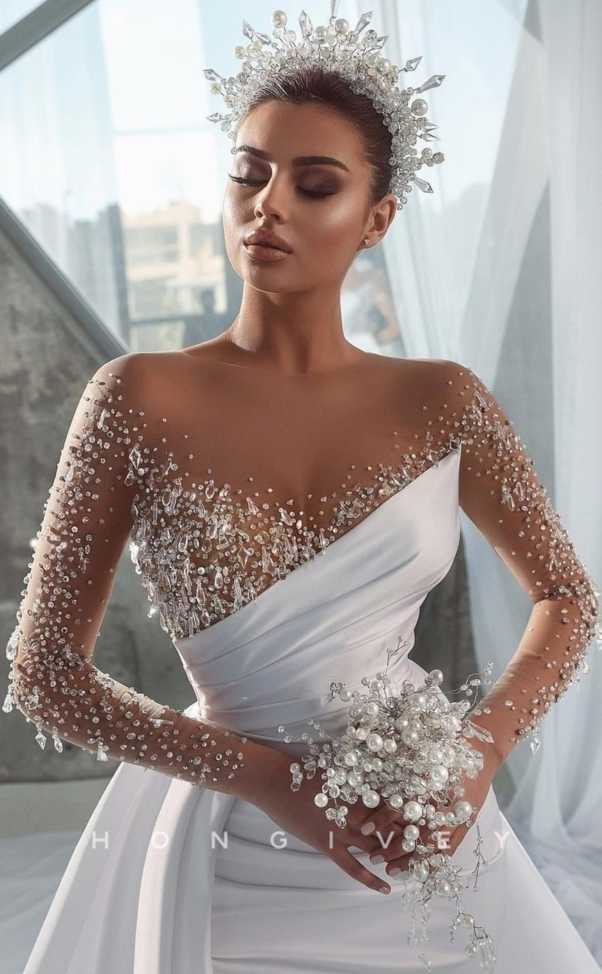 H0816 - Illusion Cutout Rhinestone Beaded Sparkly With Train Wedding Dress - Fashionpara