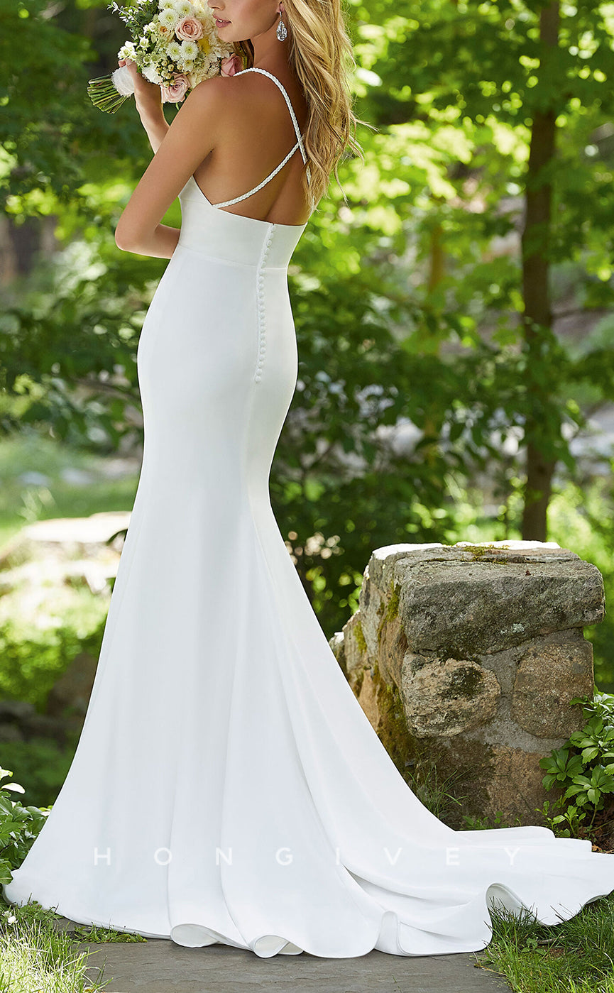 H1033 - Sexy V-Neck Spaghetti Straps With Side Slit and Sweep Train Beach Wedding Dress - Fashionpara