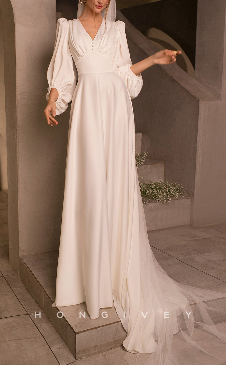 H1060 - Simple & Casual Satin V-neck Long Sleeves Ruched With Veil Wedding Dress - Fashionpara