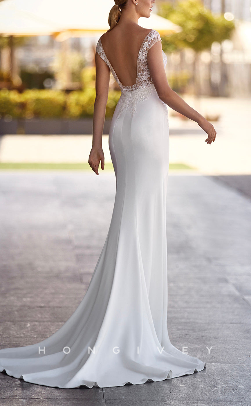 H1460 - Sexy Satin Trumpet V-Neck Cap Sleeve Empire Appliques With Train Beach Wedding Dress - Fashionpara