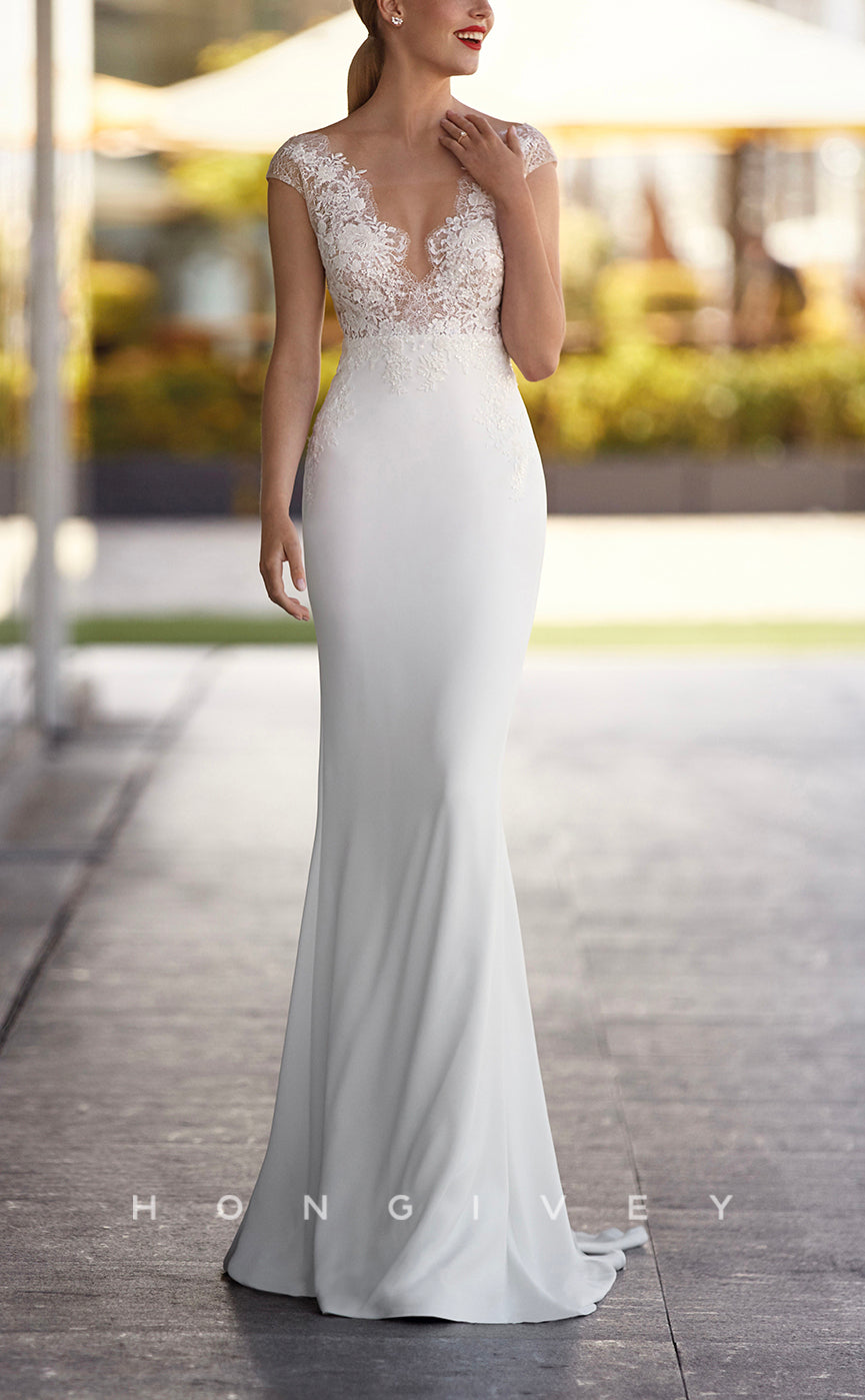 H1460 - Sexy Satin Trumpet V-Neck Cap Sleeve Empire Appliques With Train Beach Wedding Dress - Fashionpara