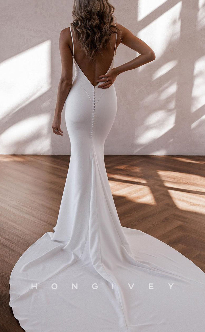 H1493 - Sexy Satin Fitted Empire V-Neck Spaghetti Straps Open Back With Train Beach Wedding Dress - Fashionpara