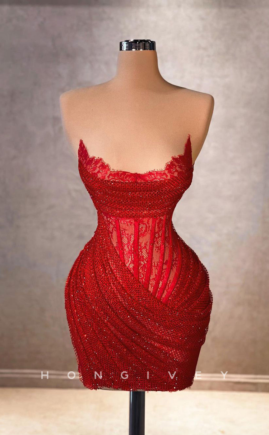 H2046 - Sexy Fitted Red Glitter Illusion Bateau Sleeveless Short Party/Homecoming Dress - Fashionpara