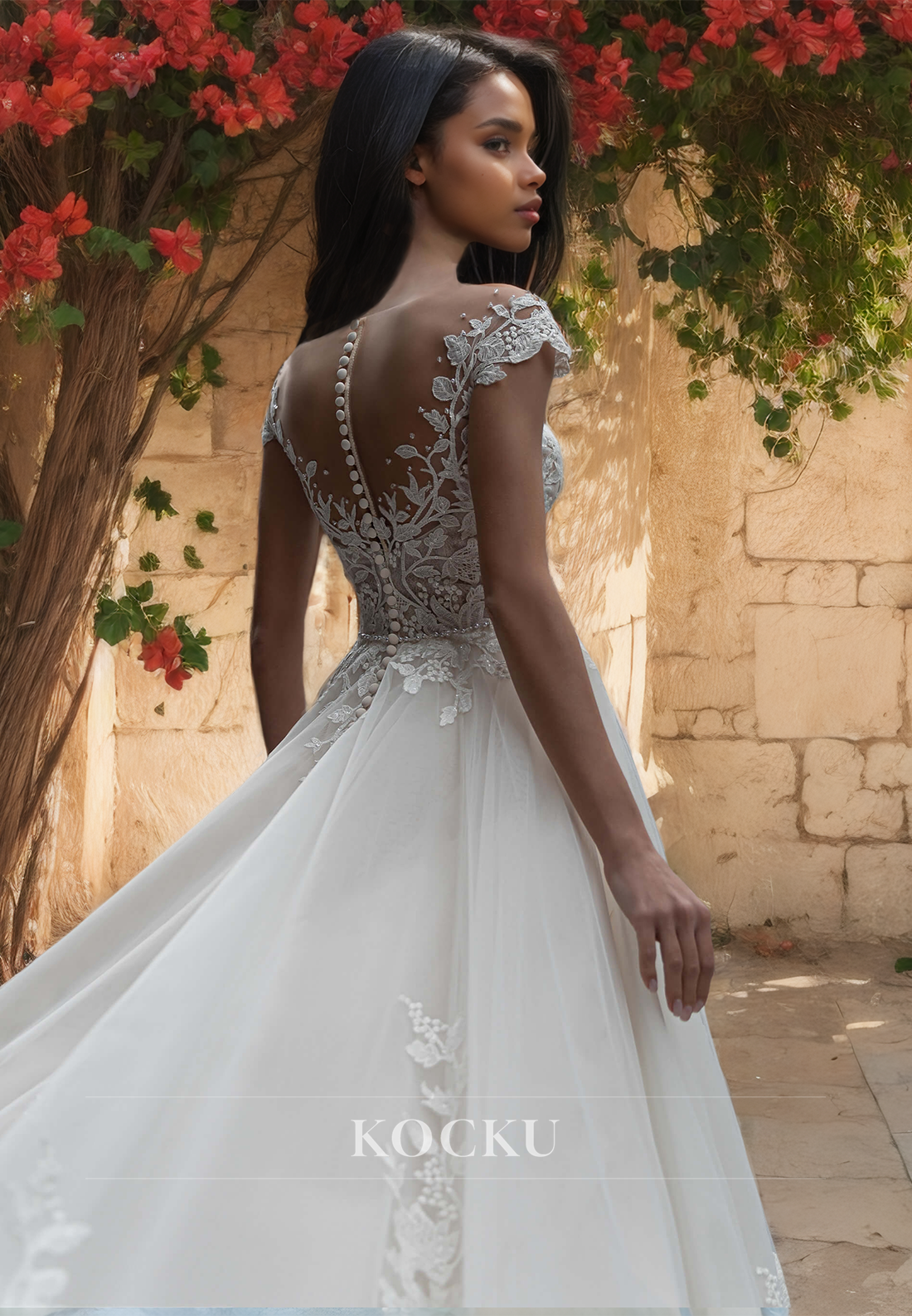 A-Line Off-Shoulder Sleeveless Sweep Train Appliques Lace Wedding Dress with Beaded Bridal Gowns