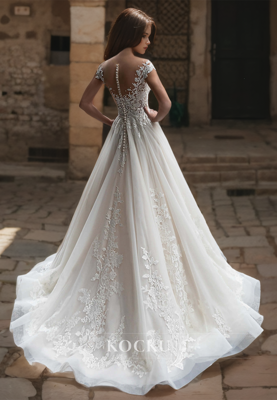 A-Line Off-Shoulder Sleeveless Sweep Train Appliques Lace Wedding Dress with Beaded Bridal Gowns