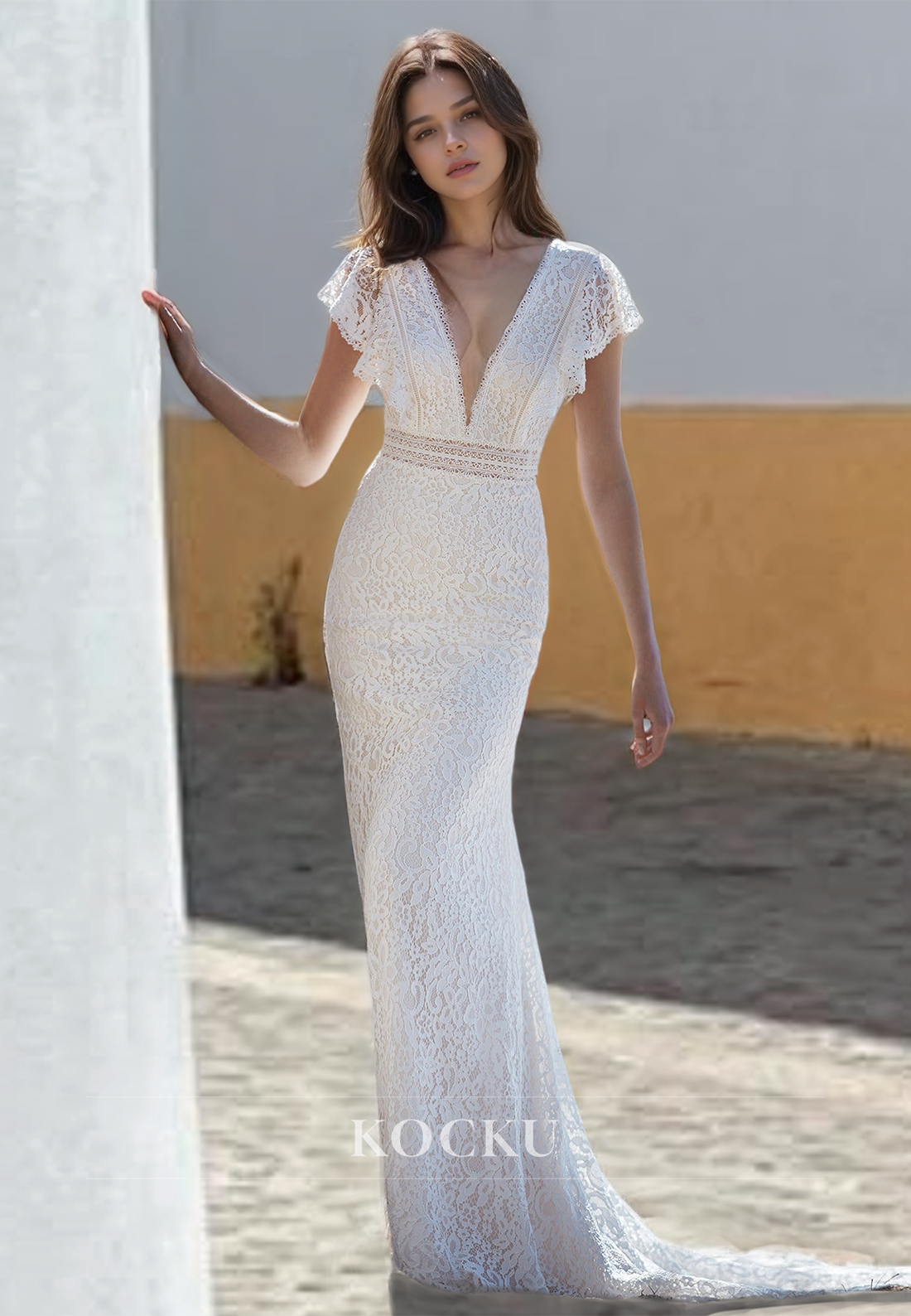 V-Neck Sheath Beach Wedding Dress Cap Sleeves Brush Train Lace Boho Gowns with Appliques - Fashionpara