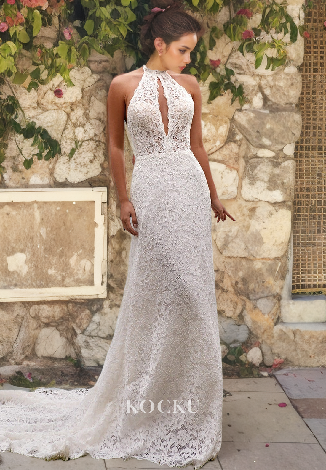 Asymmetrical Sheath Sleeveless Sweep Train Appliques Lace Bridal Gowns with Cut Outs Wedding Dress - Fashionpara