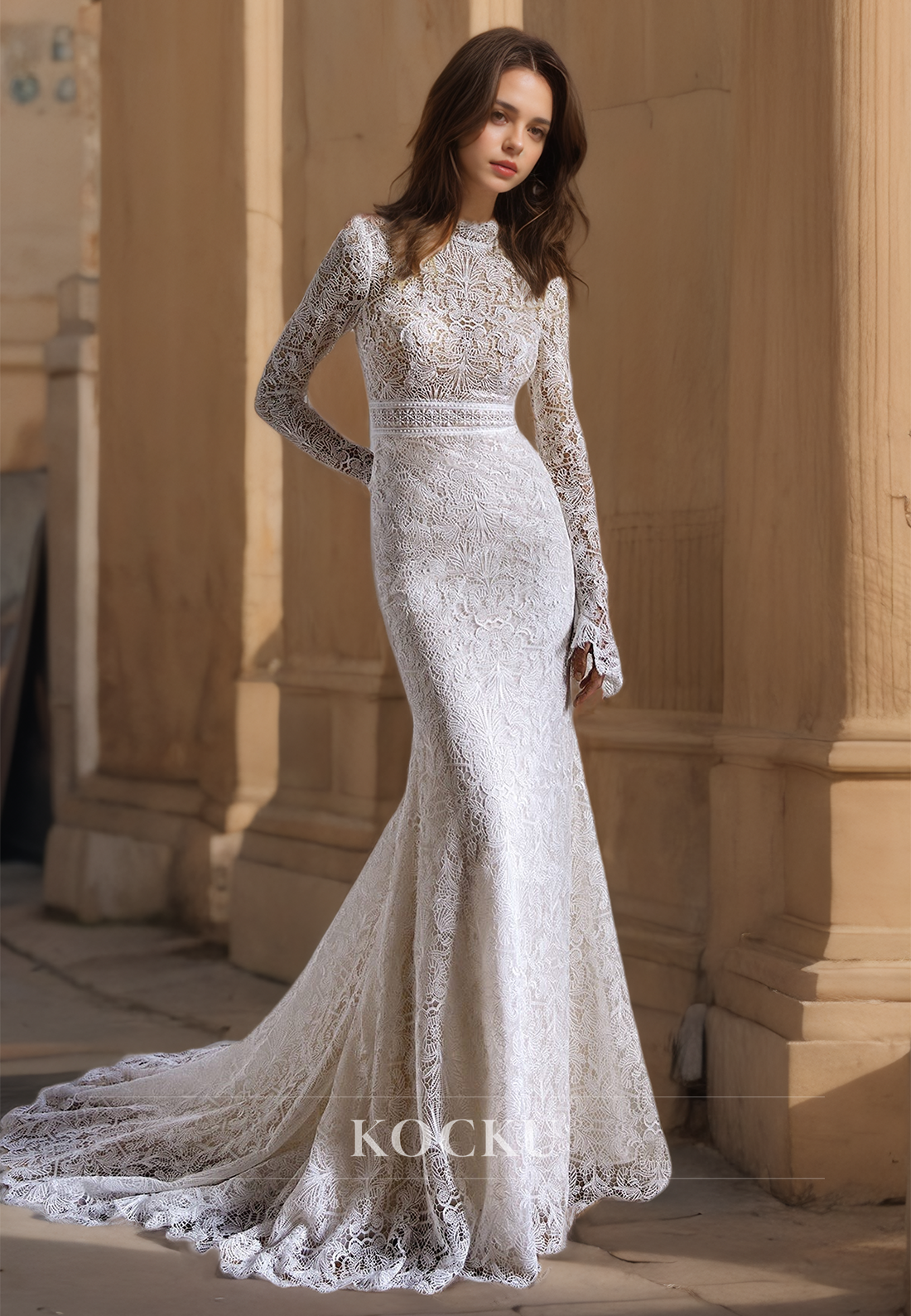 Jewel Neck Sheath Long Sleeves Appliques Lace Wedding Dress with Sweep Train Bridal Dress - Fashionpara