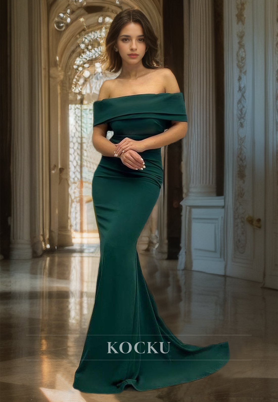 Off-Shoulder Mermaid Sleeveless Sweep Train Satin Evening Dress with Pleated Prom Dress - Fashionpara