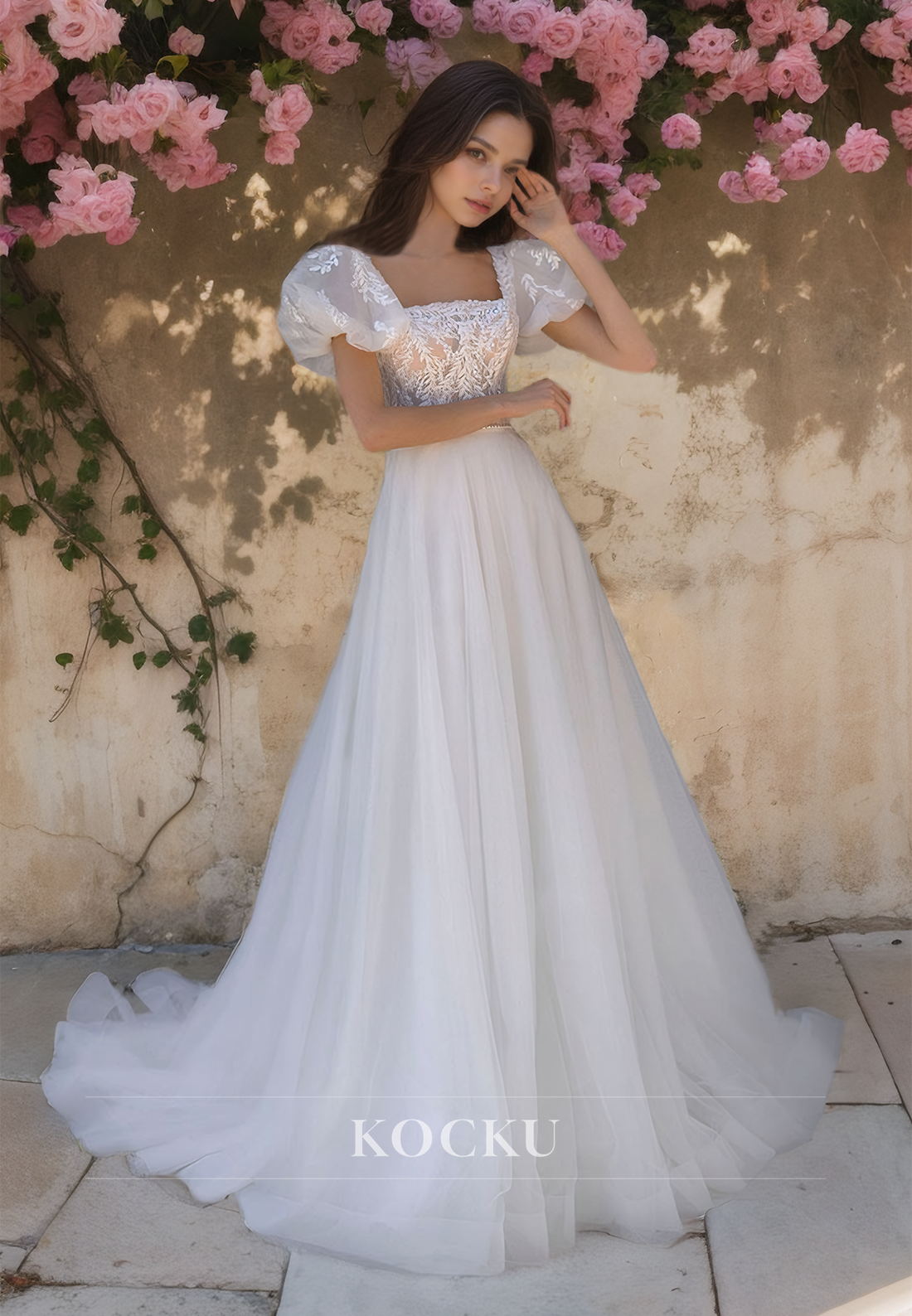 Square Neck A-Line Puff Sleeves Sweep Train Lace Beach Wedding Dress with Appliques Boho Dress