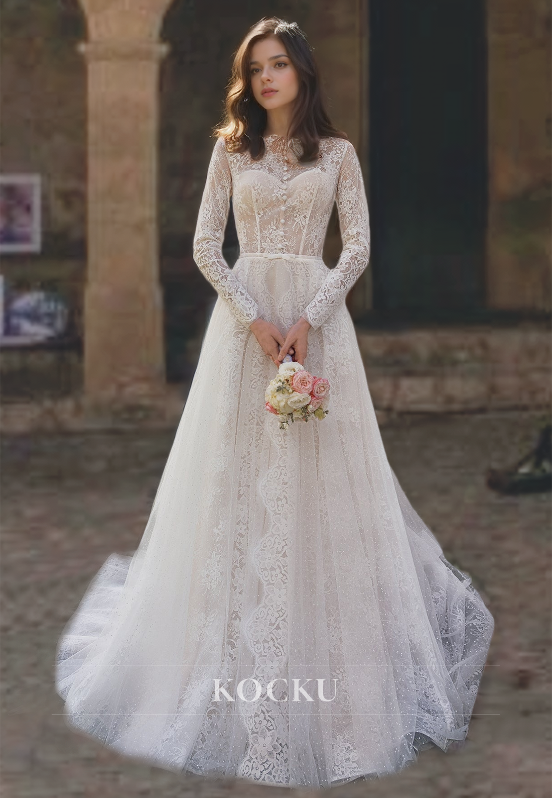 A-Line Sweetheart Long Sleeves Appliques Lace Wedding Dress with Sweep Train Bridal Gowns