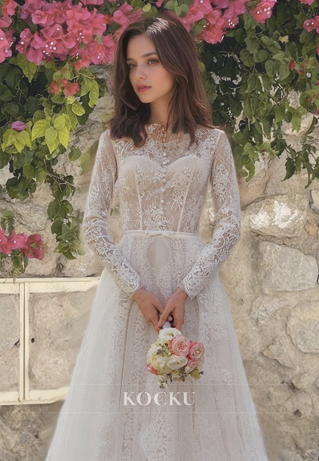 A-Line Sweetheart Long Sleeves Appliques Lace Wedding Dress with Sweep Train Bridal Gowns