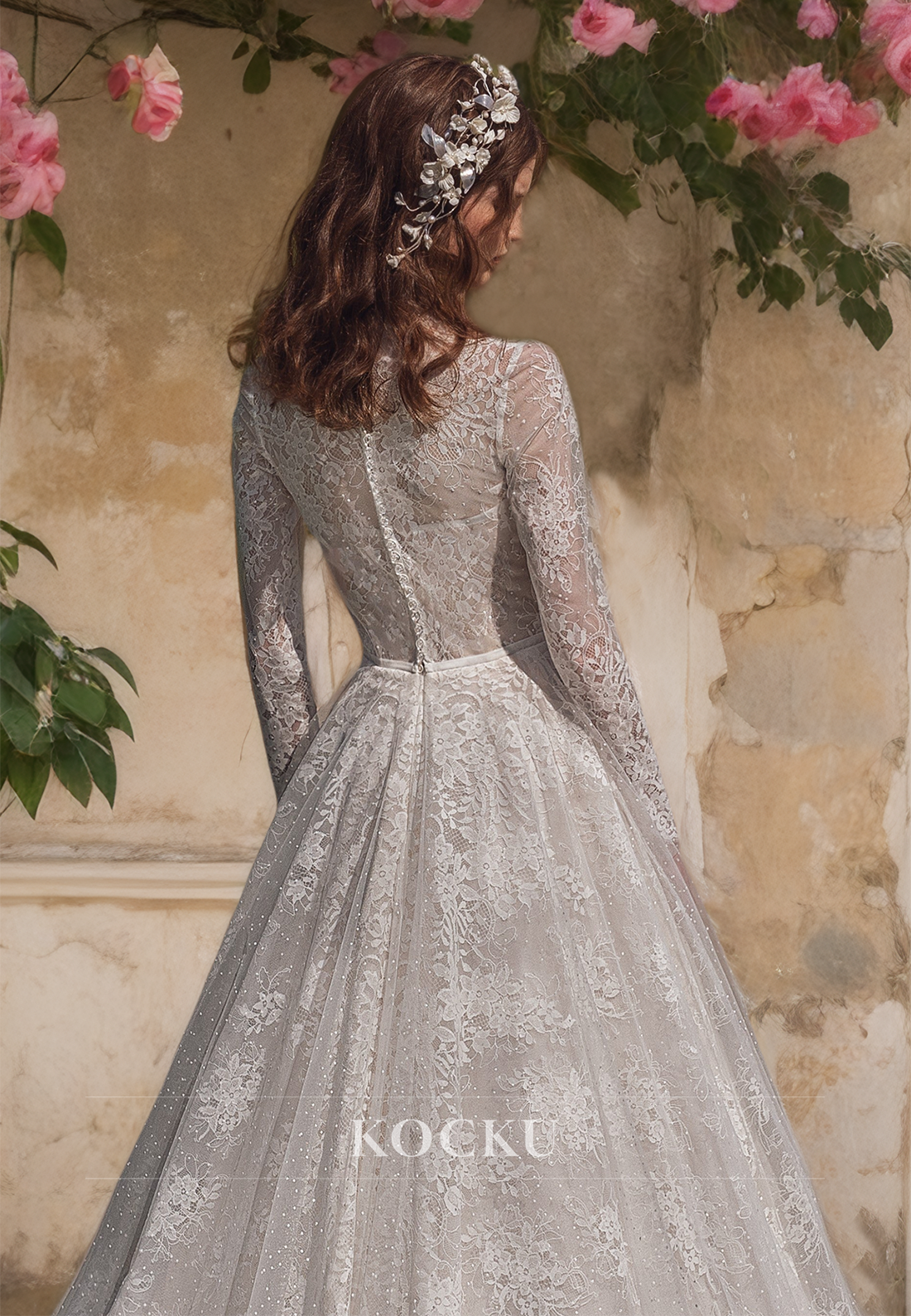 A-Line Sweetheart Long Sleeves Appliques Lace Wedding Dress with Sweep Train Bridal Gowns