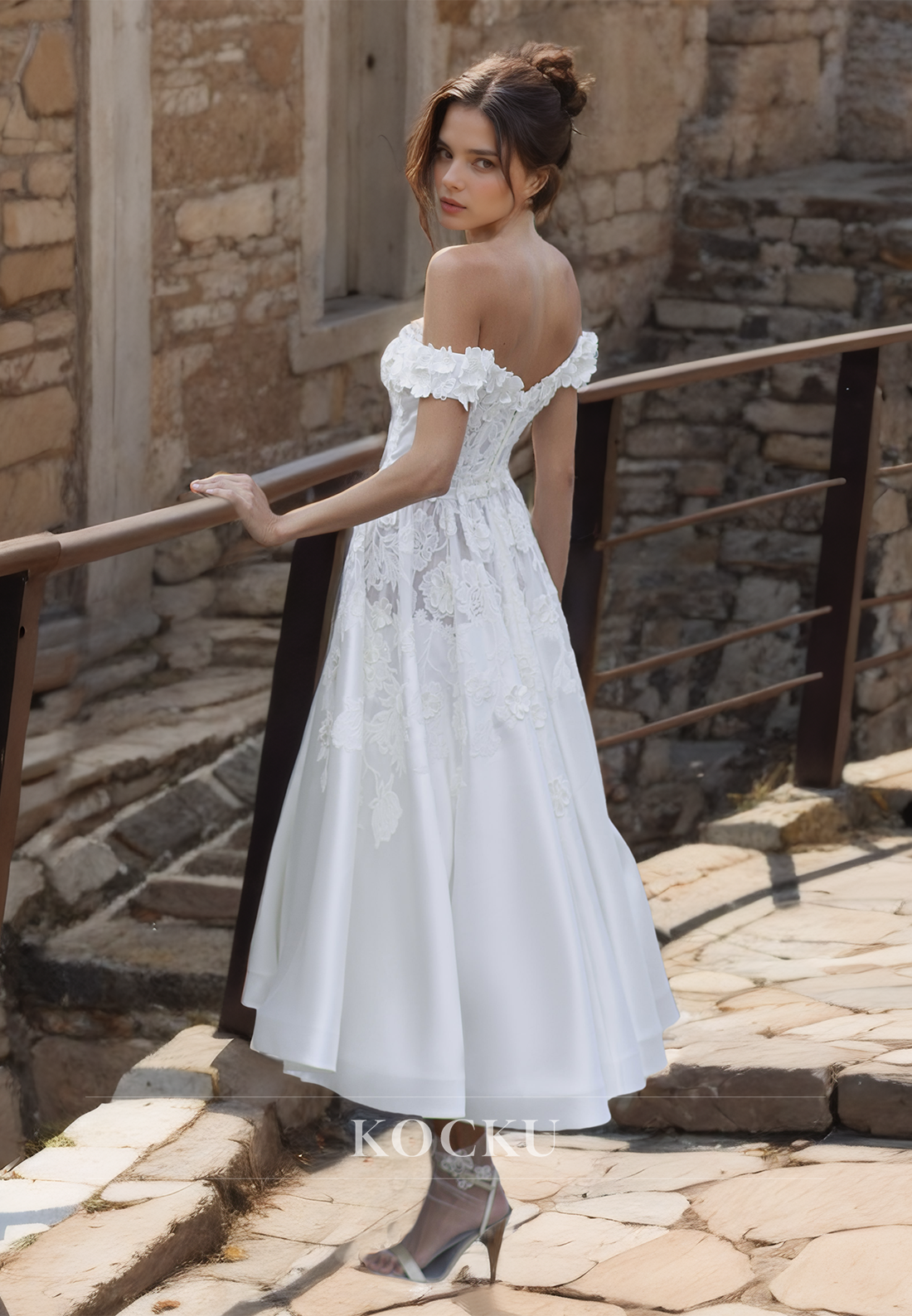 Off-Shoulder A-Line Sleeveless Ankle-Length Satin Beach Wedding Dress with Appliques Bridal Gowns