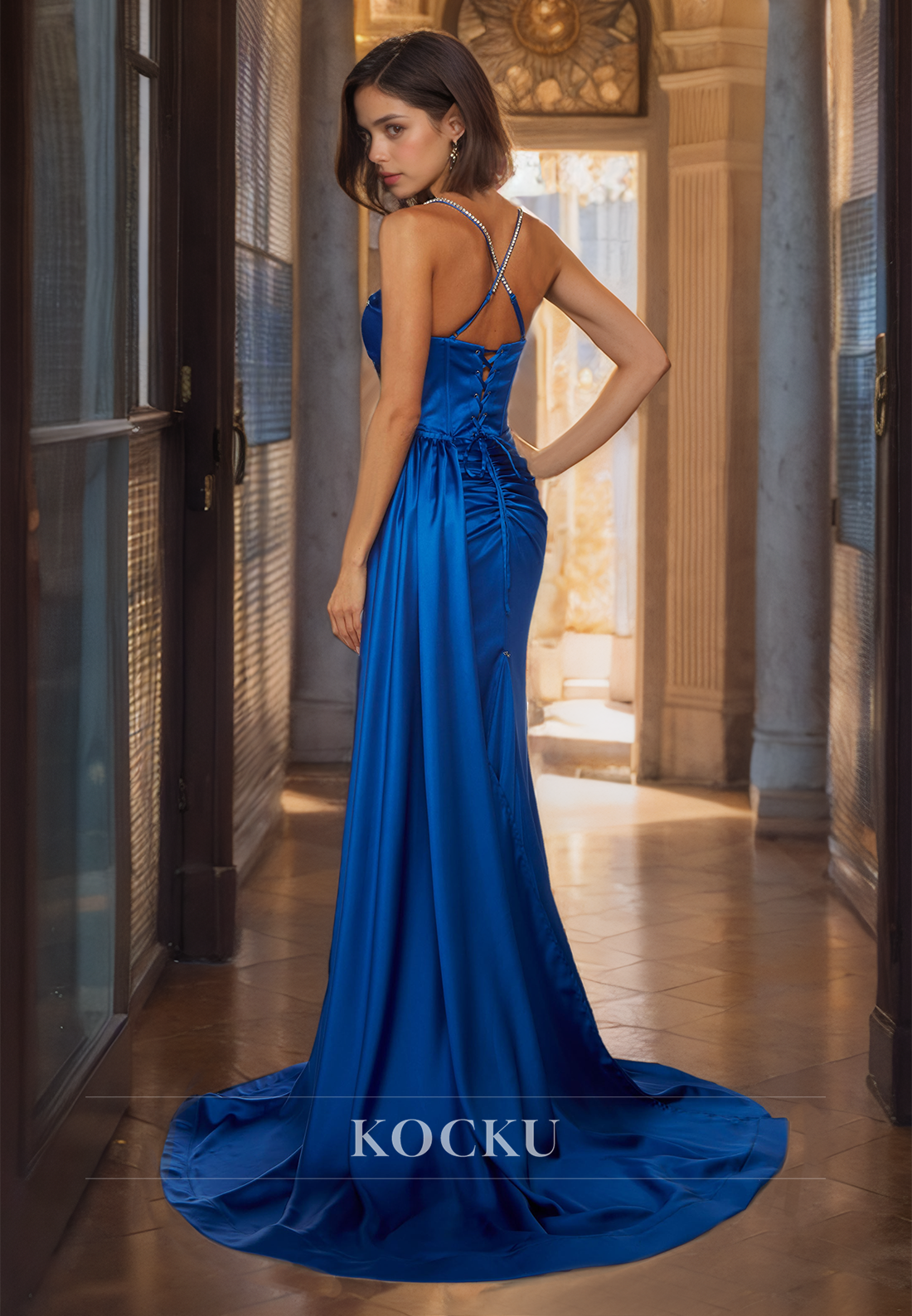 Spaghetti Straps Strapless Sheath Prom Dress Royal Blue Split Pleated Satin Party Dress with Beads - Fashionpara